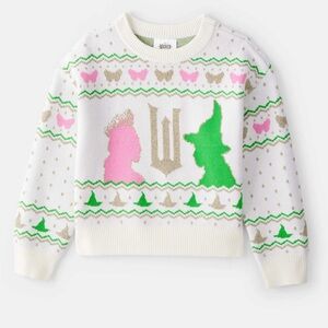 Whimsical White Sweater with Pink and Green Patterns